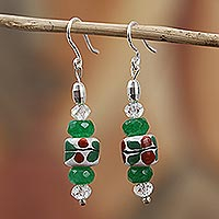 Agate and ceramic dangle earrings, 'Day of Sun' - Floral Agate and Ceramic Dangle Earrings from Mexico