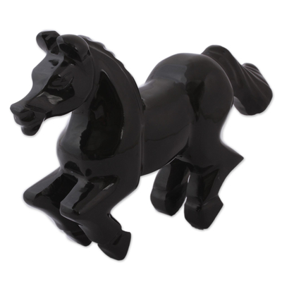 Marble sculpture, 'Galloping Horse' - Hand-Carved Black Marble Horse Sculpture from Mexico