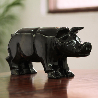 Escultura de mármol - Escultura de cerdo de mármol negro tallada a mano de México