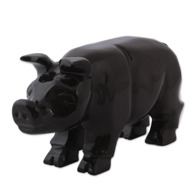 Marble sculpture, 'Stark Pig' - Hand-Carved Black Marble Pig Sculpture from Mexico