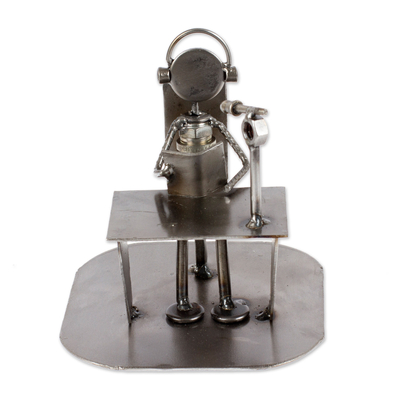 Recycled metal auto part sculpture, 'Broadcaster' - Recycled Metal Auto Part Sculpture of Seated Broadcaster