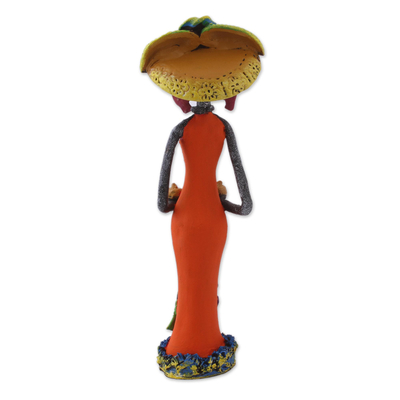 Ceramic statuette, 'Catrina with Pumpkins' - Ceramic Catrina Skeleton Statuette in Orange from Mexico