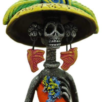 Ceramic statuette, 'Catrina with Pumpkins' - Ceramic Catrina Skeleton Statuette in Orange from Mexico