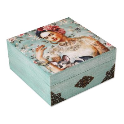 Decoupage wood decorative box, 'Frida's Beauty' - Frida-Themed Decoupage Wood Decorative Box from Mexico