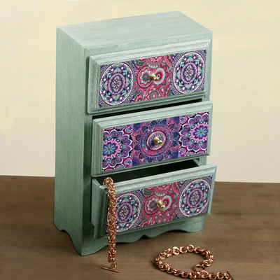 Decoupage wood jewelry chest, 'Mandala Keeper' - Mandala Decoupage Wood Jewelry Chest from Mexico