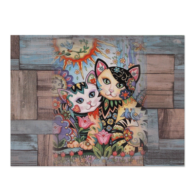 Decoupage wood decorative box, 'Floral Cats' - Cat-Themed Decoupage Wood Decorative Box from Mexico