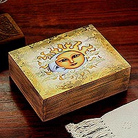 Decoupage wood decorative box, 'Eclipsing the Sun' - Sun and Moon Decoupage Wood Decorative Box from Mexico