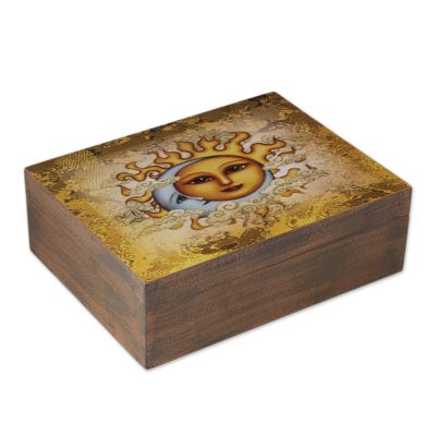 Decoupage wood decorative box, 'Eclipsing the Sun' - Sun and Moon Decoupage Wood Decorative Box from Mexico