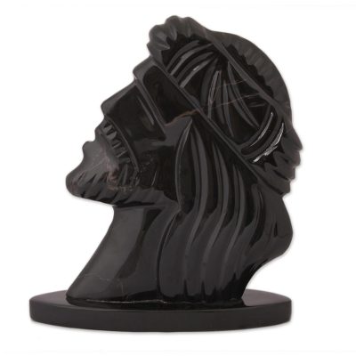 Marble sculpture, 'Grace Uplifted in Black' - Black Marble Table Top Head of Jesus Sculpture from Mexico