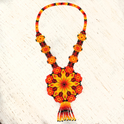 Glass beaded pendant necklace, 'Fiery Geometry' - Ceramic Beaded Pendant Necklace in Fiery Hues from Mexico