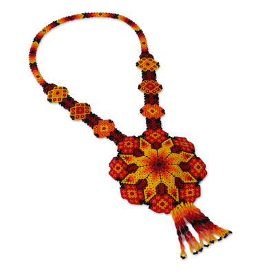Glass beaded pendant necklace, 'Fiery Geometry' - Ceramic Beaded Pendant Necklace in Fiery Hues from Mexico