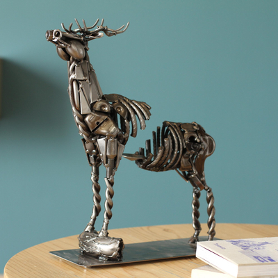 Upcycled metal tealight candle holder, 'Deer Rib' - Upcycled Metal Auto Part Deer Candle Holder from Mexico