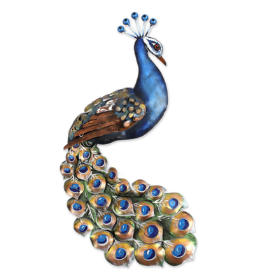 Steel wall sculpture, 'Displaying Plumage' - Steel Peacock Wall Sculpture Crafted in Mexico