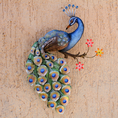 Steel wall sculpture, 'Peacock and Flowers' - Floral Steel Peacock Wall Sculpture from Mexico