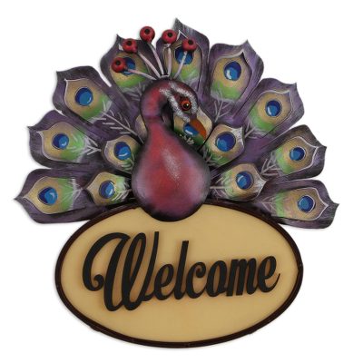 Steel and wood wall sign, 'Welcoming Peacock' - Burgundy Peacock Steel and Wood Welcome Sign from Mexico