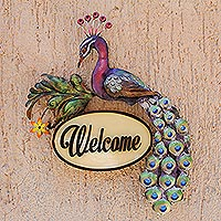 Steel and wood wall sign, 'Avian Welcome' - Steel and Wood Welcome Sign with a Peacock Design