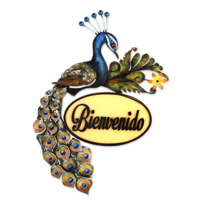 Steel and wood wall sculpture, 'Welcoming Bird' - Steel and Wood Peacock Welcome Sign from Mexico