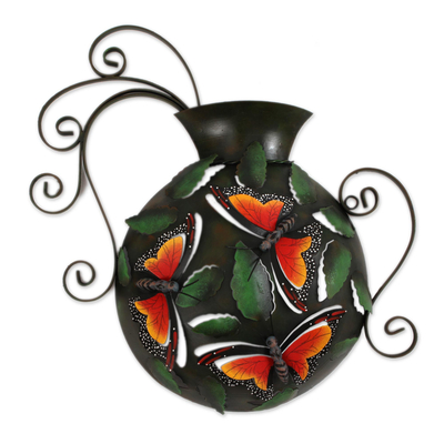 Steel wall sculpture, 'Monarch Vase' - Butterfly-Themed Steel Wall Sculpture from Mexico