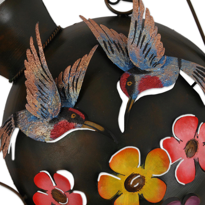 Steel wall sculpture, 'Hummingbirds and Flowers' - Floral Hummingbird Steel Wall Sculpture from Mexico