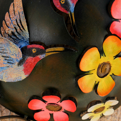Steel wall sculpture, 'Hummingbirds and Flowers' - Floral Hummingbird Steel Wall Sculpture from Mexico