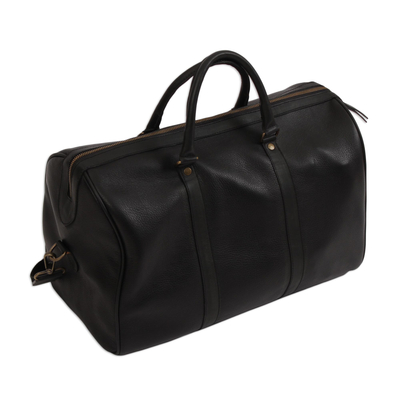 Leather travel bag, 'Ebony Traveler' - Handmade Leather Travel Bag in Ebony from Mexico