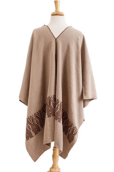 Cotton ruana, 'Fantastic Geometry in Taupe' - Geometric Cotton Ruana in Taupe and Mahogany from Mexico