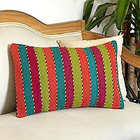 Funda de cojín de lana zapoteca, 'Stripes of the Rainbow' - Funda de cojín de lana tejida a mano con rayas arcoíris de México