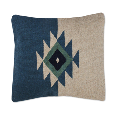 Azure and Khaki Zapotec Wool Cushion Cover from Mexico