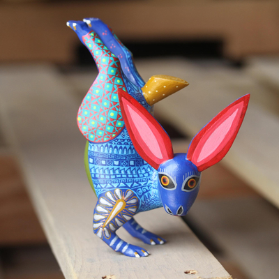 Wood alebrije sculpture, 'Rabbit Handstand' - Hand-Carved Wood Alebrije Rabbit Sculpture from Mexico