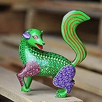 Wood alebrije sculpture, 'Green Hyena'