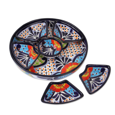 Ceramic appetizer bowls, 'Raining Flowers' (7 piece) - Talavera Style Appetizer Bowl Set from Mexico (7 Piece)