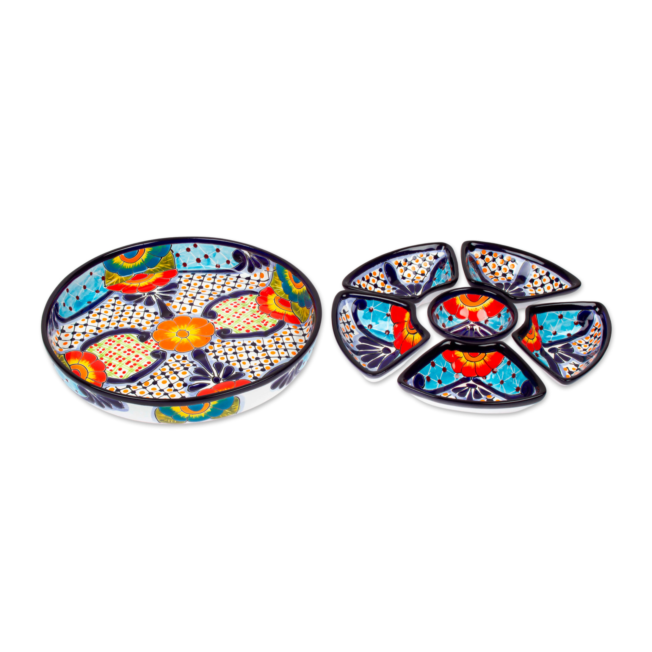 UNICEF Market Talavera Style Appetizer Bowl Set from Mexico (7 Piece) Festive Flowers