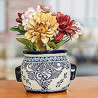 Ceramic crock, 'Michoacan River' - Hand-Painted Talavera Ceramic Crock in Blue from Mexico