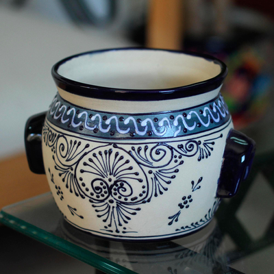 Ceramic crock, 'Michoacan River' - Hand-Painted Talavera Ceramic Crock in Blue from Mexico