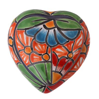 Caja decorativa de cerámica - Caja decorativa de cerámica estilo talavera en forma de corazón