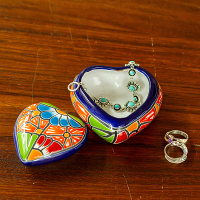 Ceramic decorative box, 'Floral Heart' - Heart-Shaped Talavera-Style Ceramic Decorative Box