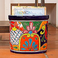 Floral Talavera-Style Ceramic Waste Bin from Mexico,'Talavera Collector'