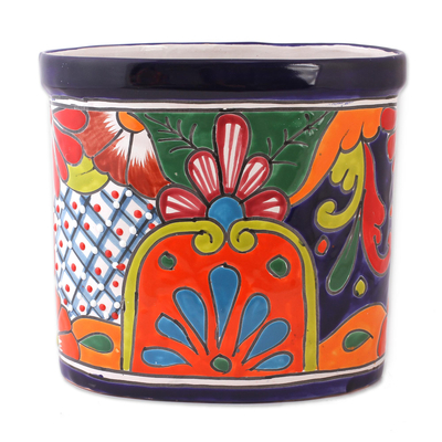 Ceramic waste bin, 'Talavera Collector' - Floral Talavera-Style Ceramic Waste Bin from Mexico
