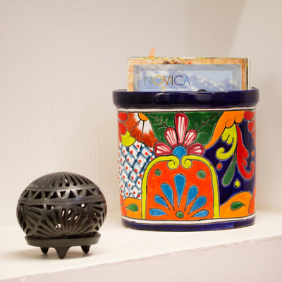 Ceramic waste bin, 'Talavera Collector' - Floral Talavera-Style Ceramic Waste Bin from Mexico