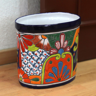 Abfallbehälter aus Keramik - Floraler Keramik-Abfallbehälter im Talavera-Stil aus Mexiko