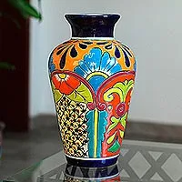 Jarrón de cerámica, 'Floral Display' - Jarrón de cerámica estilo Talavera elaborado en México