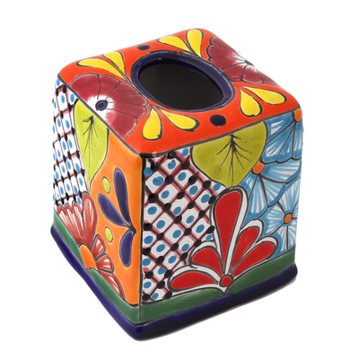 Cubierta de caja de pañuelos de cerámica - Cubierta para caja de pañuelos de cerámica de Talavera pintada a mano de México