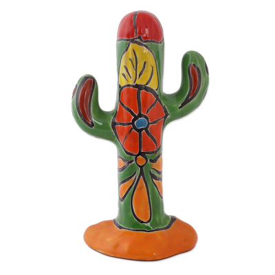 Escultura de cerámica, 'Cactus de Talavera' - Escultura de cactus de cerámica estilo Talavera pintada a mano