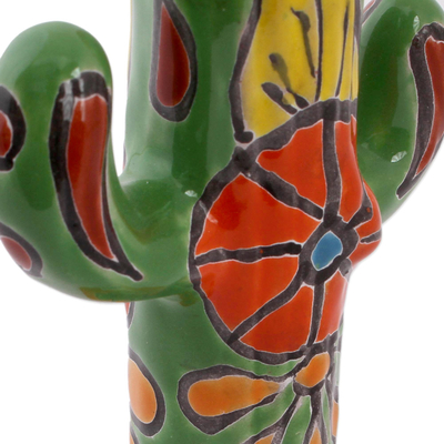 Ceramic sculpture, 'Talavera Cactus' - Hand-Painted Talavera-Style Ceramic Cactus Sculpture