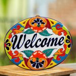 Ceramic wall sign, 'Talavera Welcome' - Floral Talavera-Style Ceramic Welcome Wall Sign from Mexico