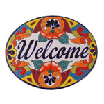 Ceramic wall sign, 'Talavera Welcome' - Floral Talavera-Style Ceramic Welcome Wall Sign from Mexico