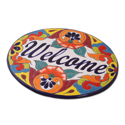 Floral Talavera-Style Ceramic Welcome Wall Sign from Mexico 