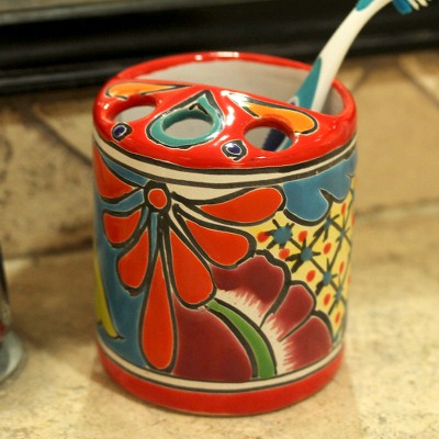 Ceramic toothbrush holder, 'Talavera Hygiene' - Round Talavera-Style Ceramic Toothbrush Holder from Mexico