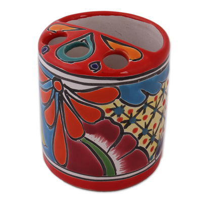 Portacepillos de cerámica - Porta cepillos de dientes de cerámica estilo talavera redondo de México