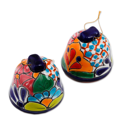 Ceramic ornaments, 'Talavera Bells' (pair) - Bell-Shaped Talavera-Style Ceramic Ornaments (Pair)